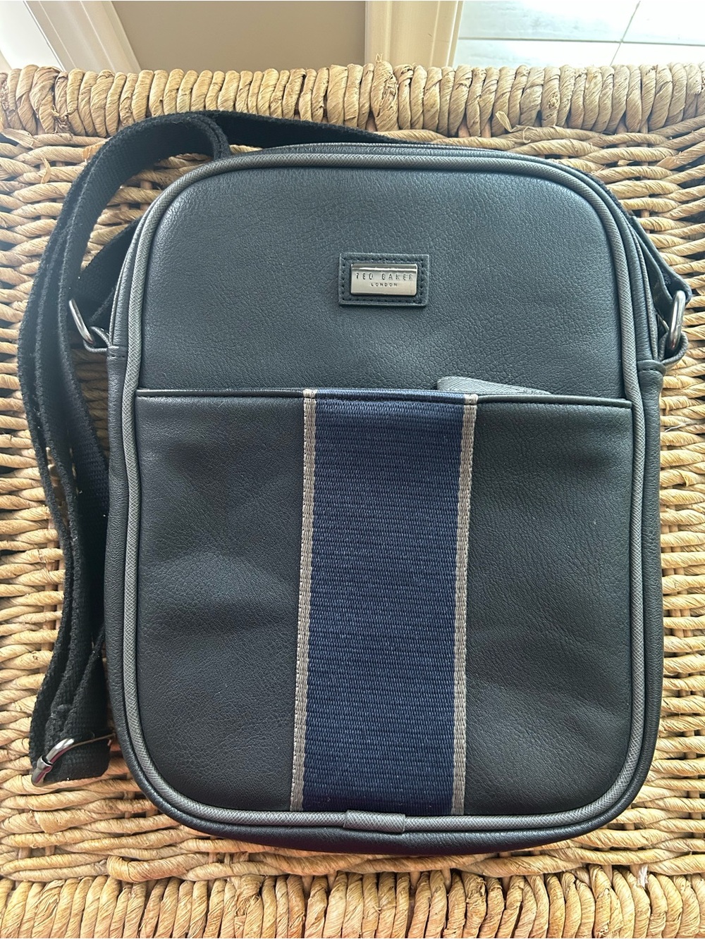 Ted Baker Black Faux Leather Crossbody Messenger Bag with Navy and Gray Stripe